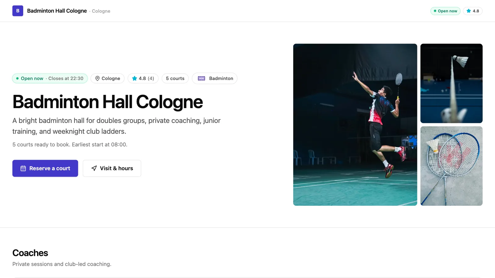 Badminton demo club storefront: club name, opening status, photo gallery, and the reserve button