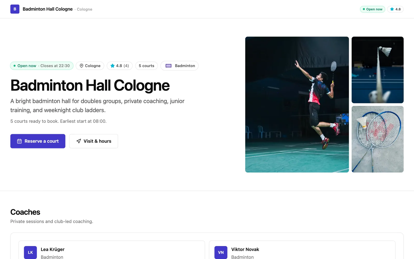 Badminton demo club storefront as a player sees it, published on its own subdomain
