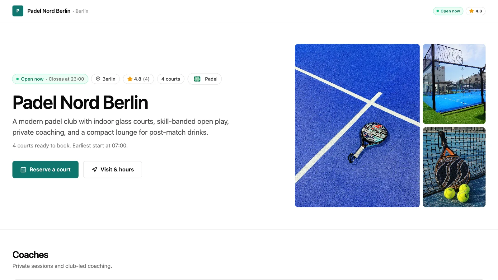 Padel demo club storefront: club name, opening status, photo gallery, and the reserve button
