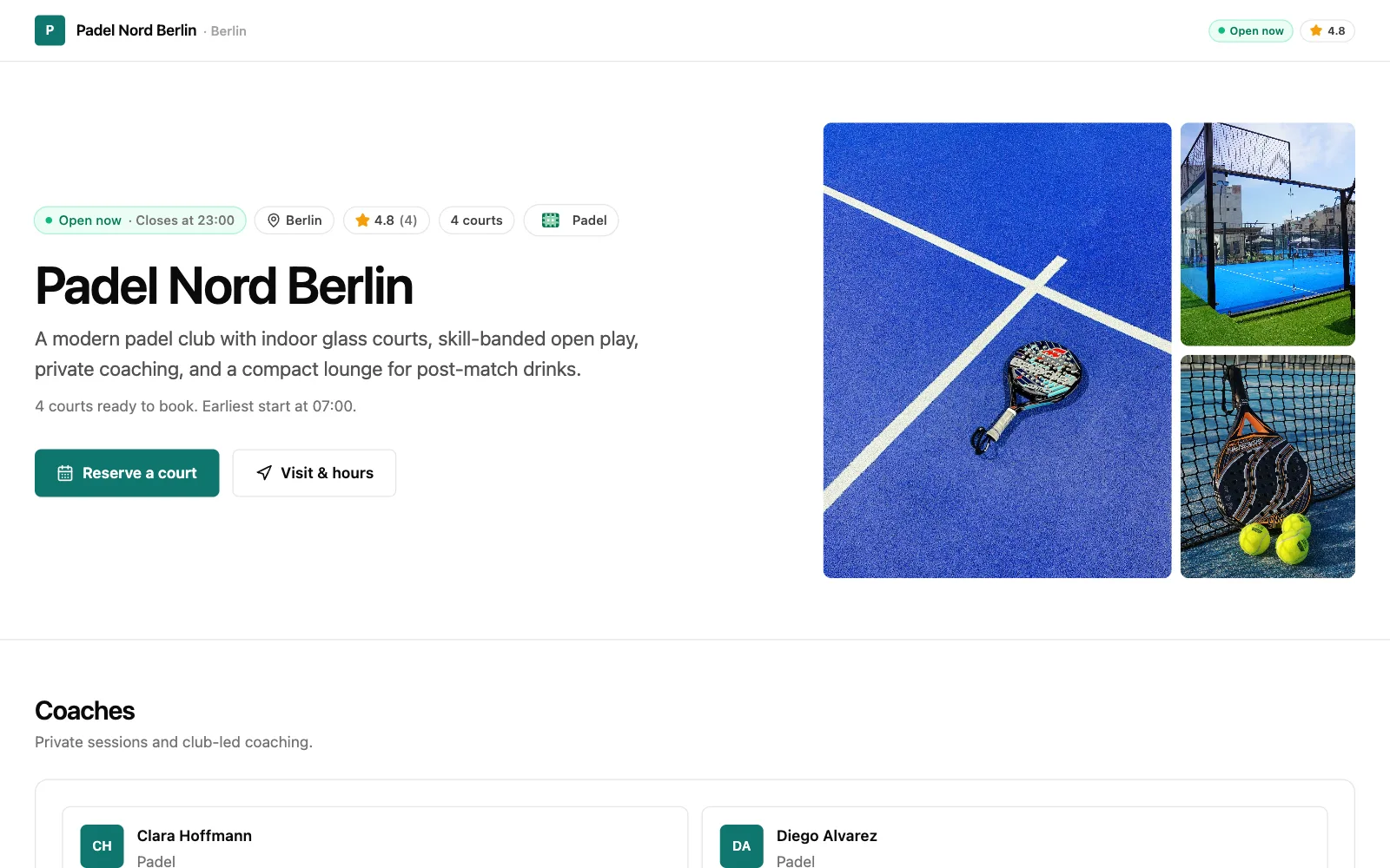 Padel demo club storefront as a player sees it, published on its own subdomain