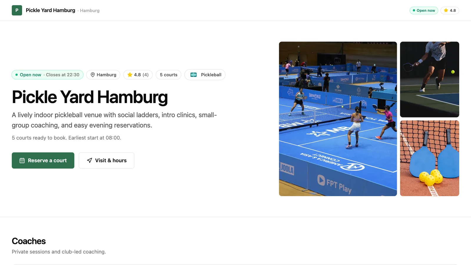 Pickleball demo club storefront: club name, opening status, photo gallery, and the reserve button