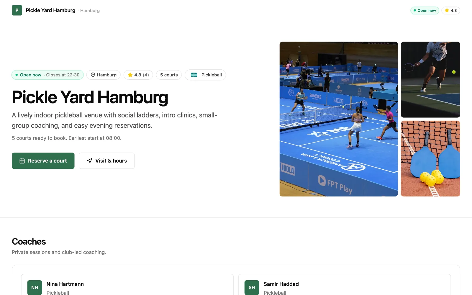 Pickleball demo club storefront as a player sees it, published on its own subdomain