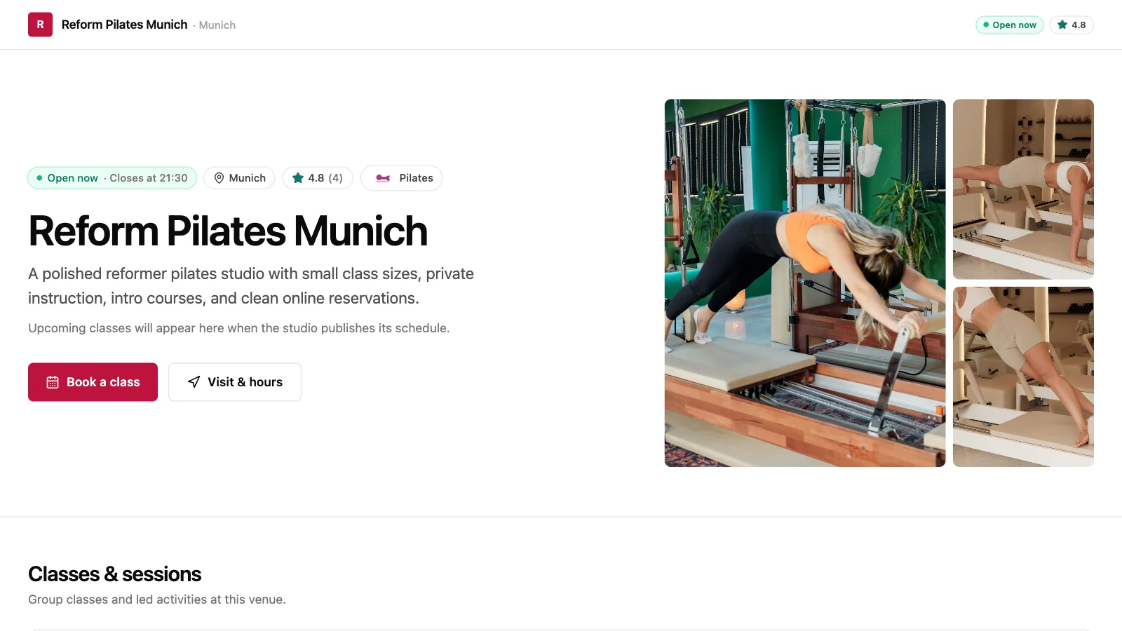 Pilates demo club storefront: club name, opening status, photo gallery, and the reserve button