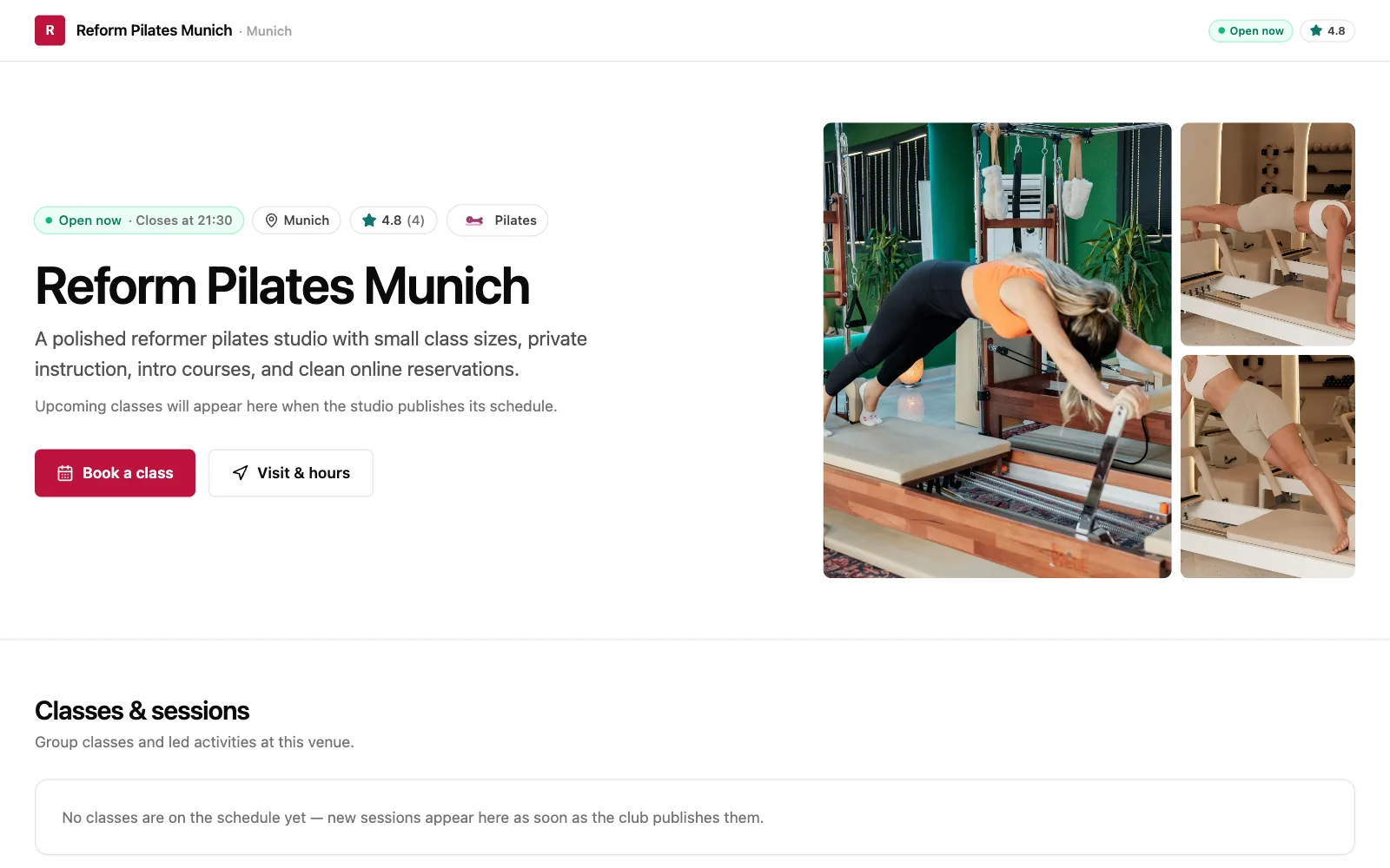 Pilates demo club storefront as a player sees it, published on its own subdomain