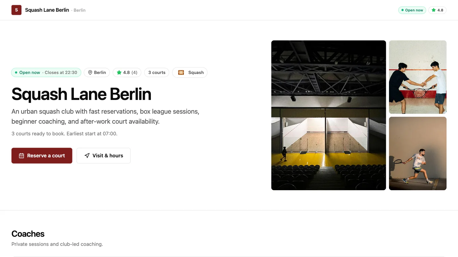 Squash demo club storefront: club name, opening status, photo gallery, and the reserve button