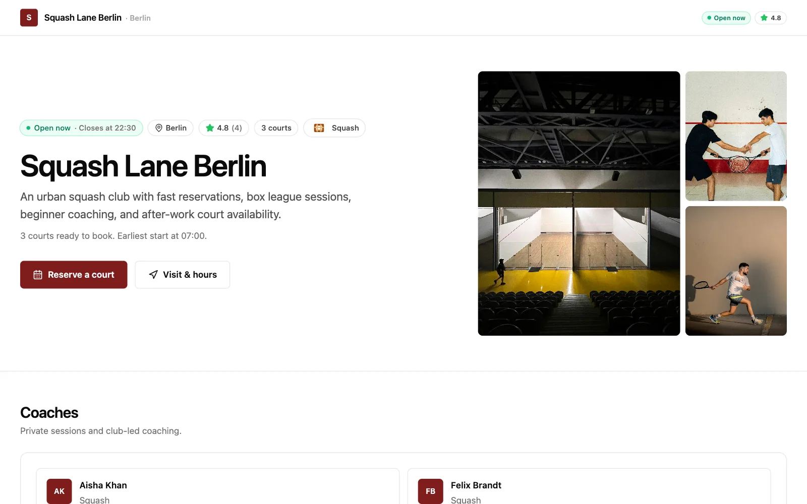 Squash demo club storefront as a player sees it, published on its own subdomain