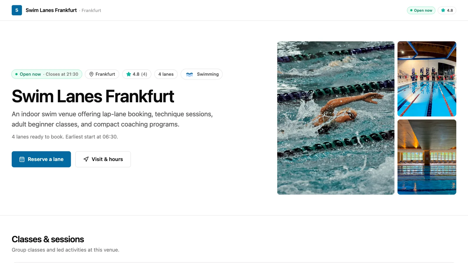 Swim demo club storefront: club name, opening status, photo gallery, and the reserve button