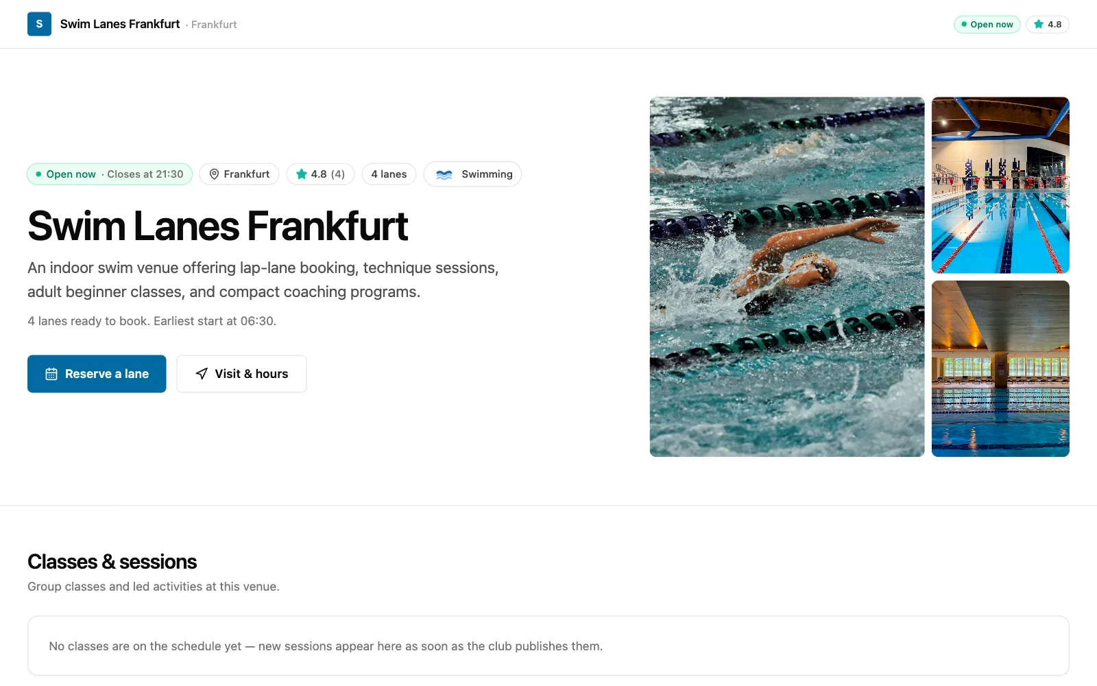 Swim demo club storefront as a player sees it, published on its own subdomain