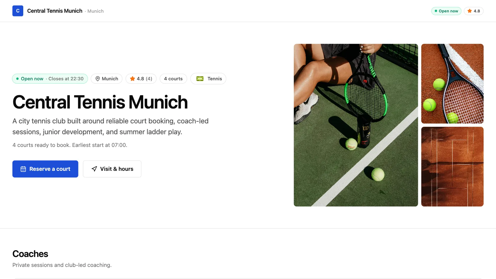 Tennis demo club storefront: club name, opening status, photo gallery, and the reserve button
