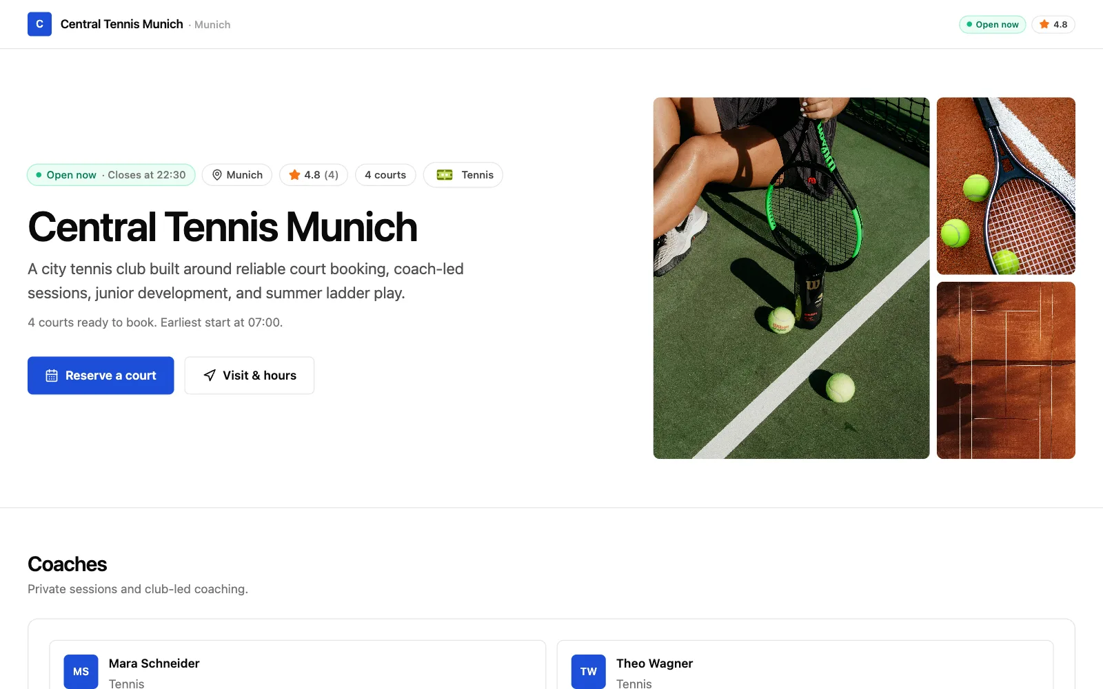 Tennis demo club storefront as a player sees it, published on its own subdomain