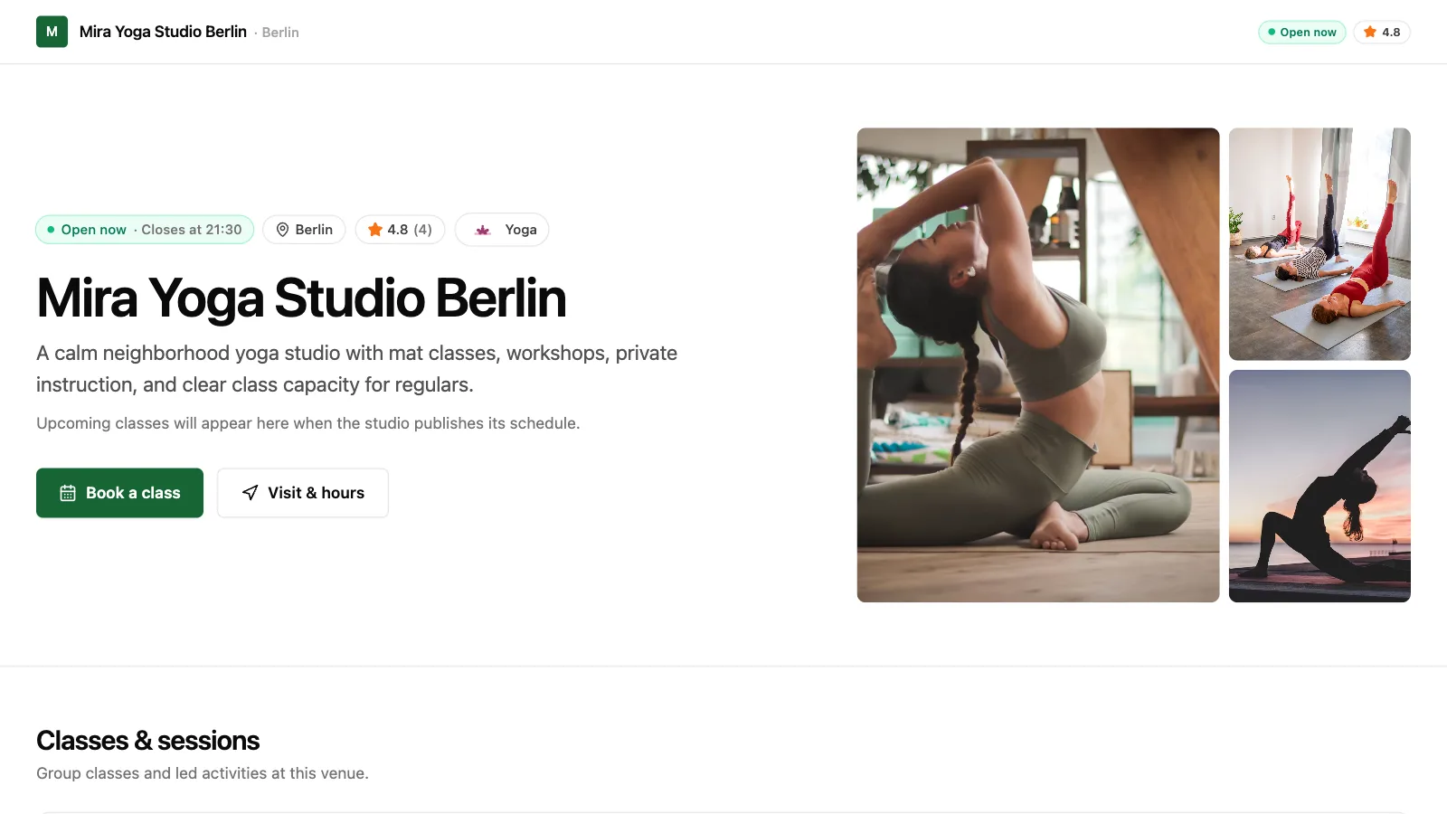 Yoga demo club storefront: club name, opening status, photo gallery, and the reserve button
