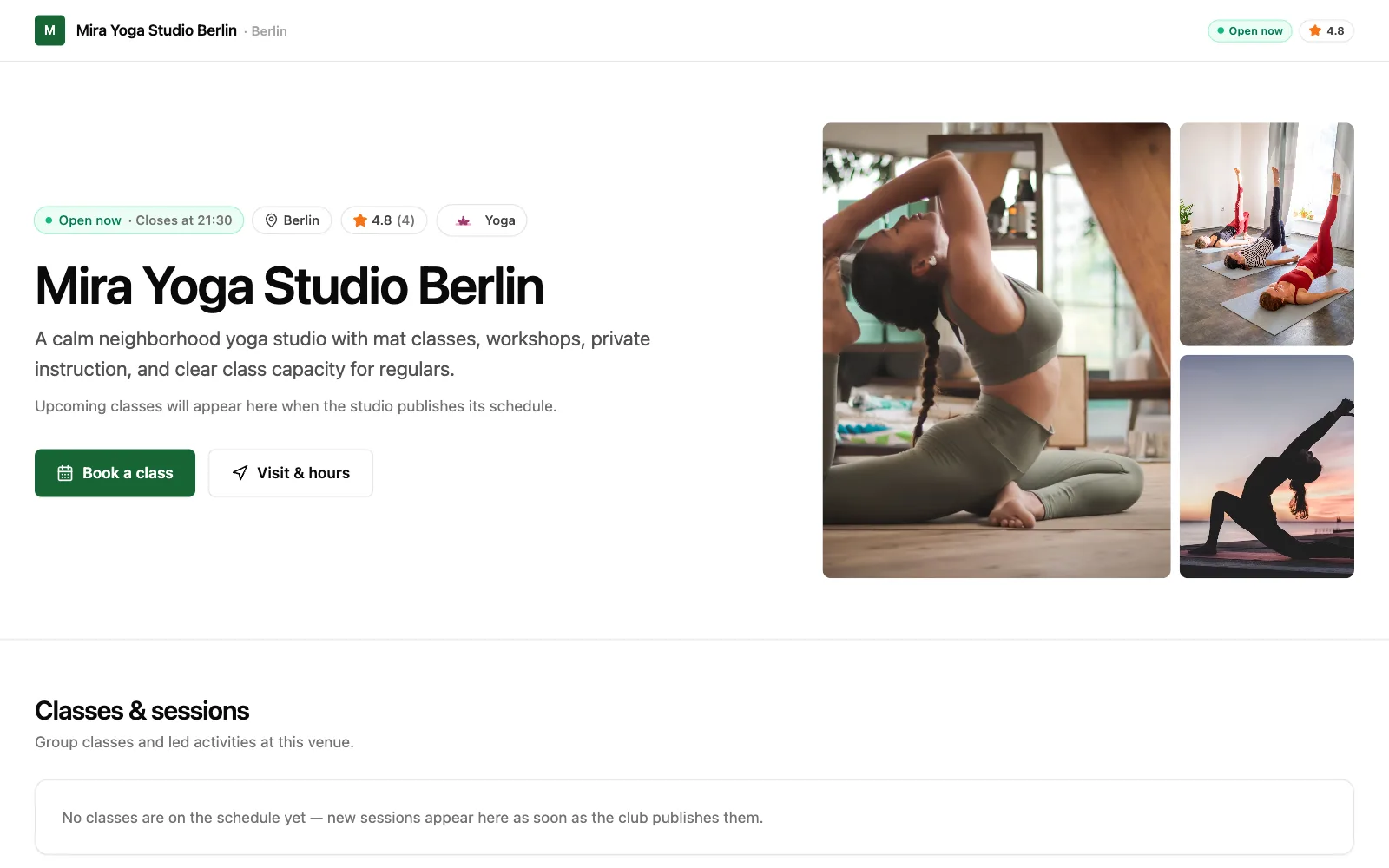 Yoga demo club storefront as a player sees it, published on its own subdomain